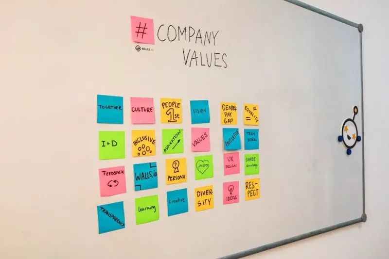 Sticky Notes on a Whiteboard with Company Values