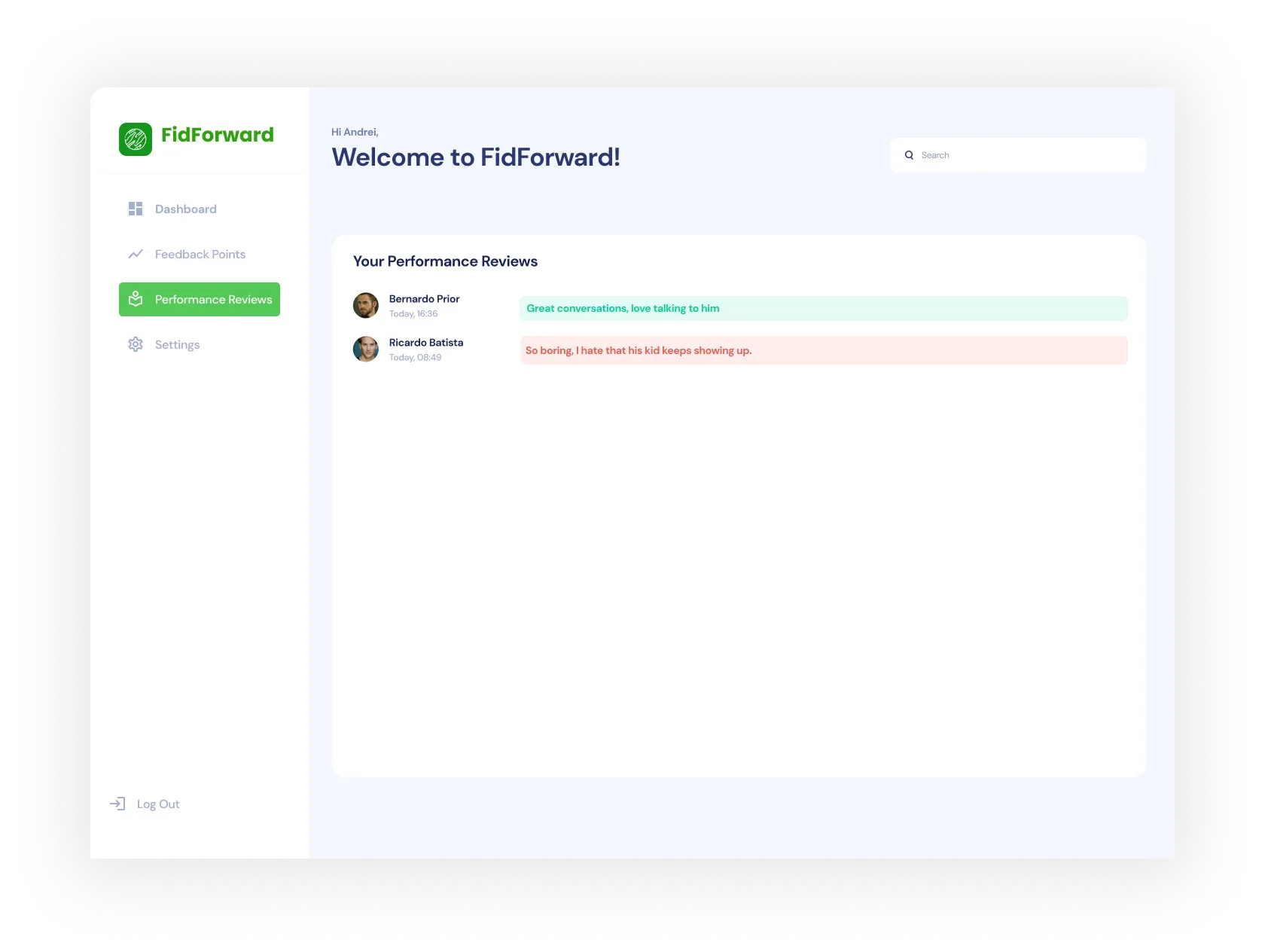 Performance reviews available in the FidForward dashboard