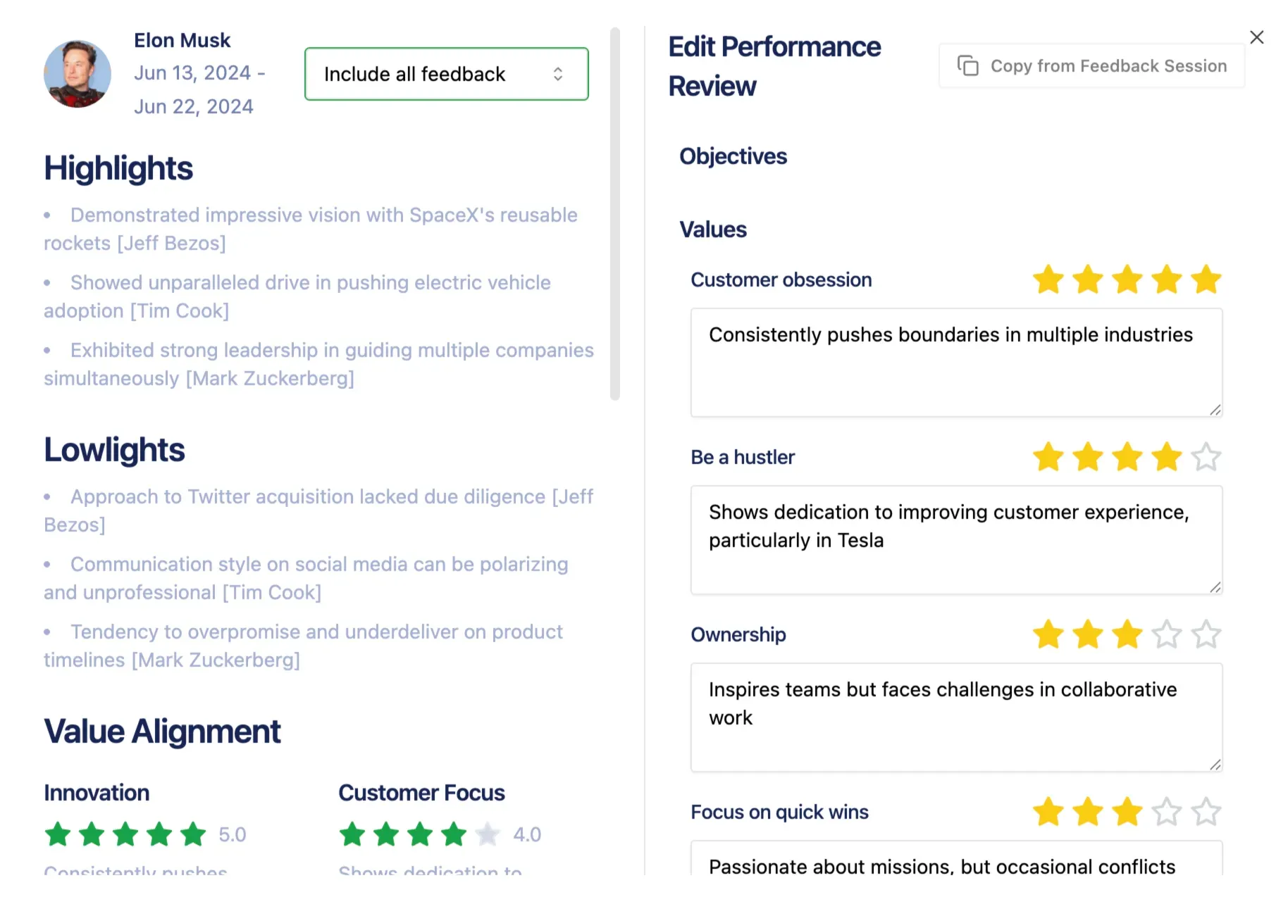 Performance reviews available in the FidForward dashboard