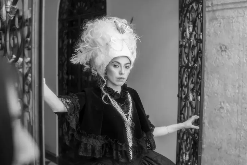 A woman in a fancy dress and headpiece