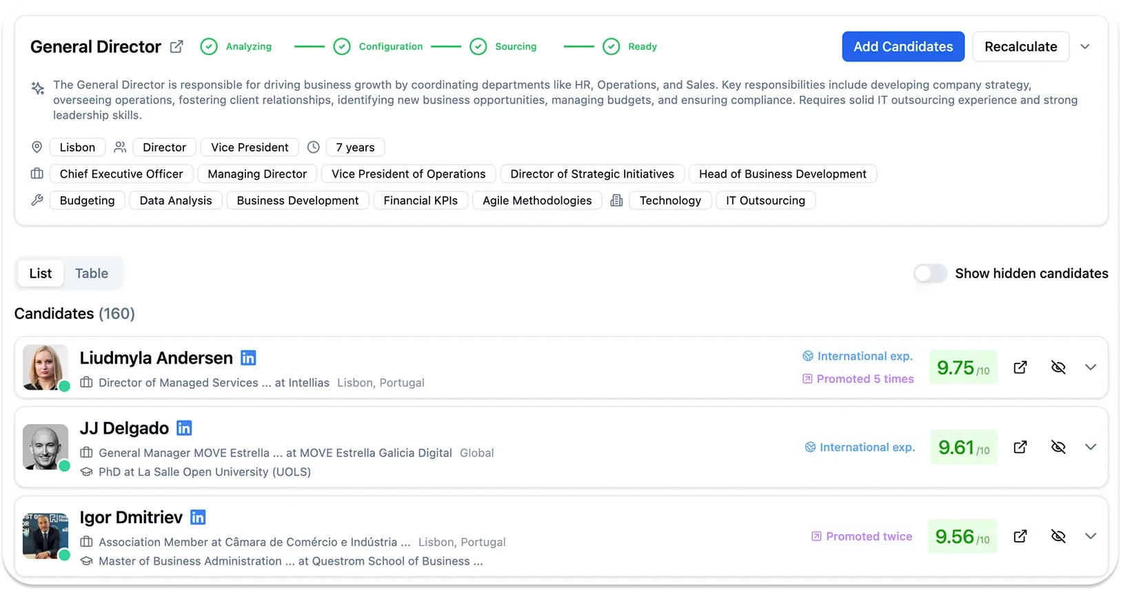 FidForward AI recruiting platform dashboard showing candidate matching and automated outreach features